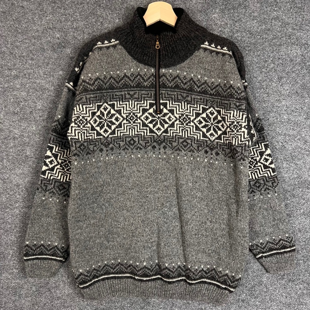 Norwool Quarter Zip Sweater Mens S Gray Fair Isle Wool Nordic Pullover